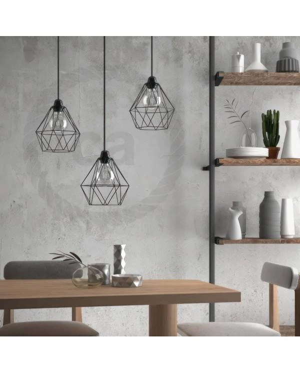 Pendelleuchte inklusive Glühbirne, Textilkabel, diamantförmiger Lampenschirmkäfig und Metall-Zubehör - Made in Italy