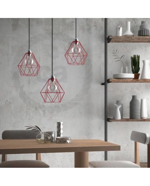 Pendelleuchte inklusive Glühbirne, Textilkabel, diamantförmiger Lampenschirmkäfig und Metall-Zubehör - Made in Italy