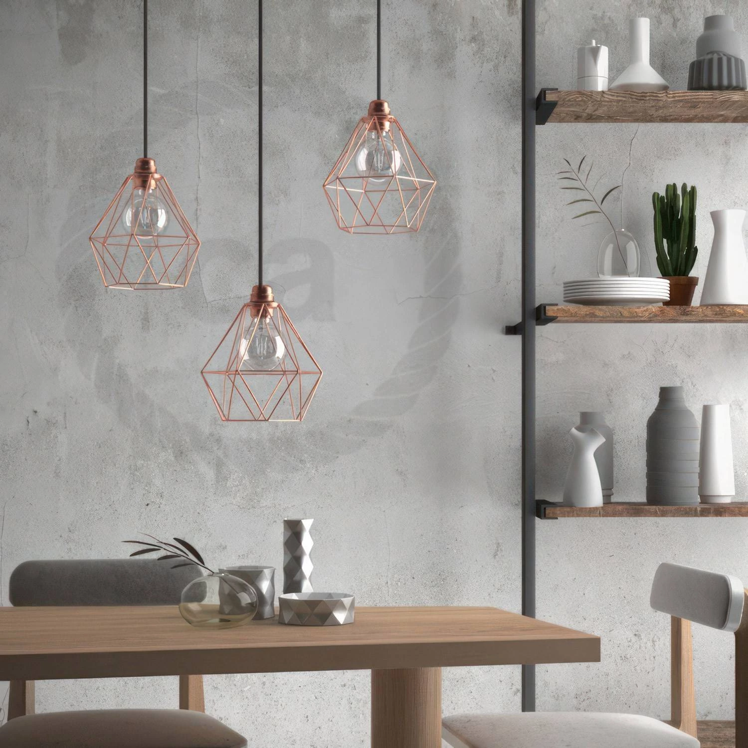 Pendelleuchte inklusive Glühbirne, Textilkabel, diamantförmiger Lampenschirmkäfig und Metall-Zubehör - Made in Italy