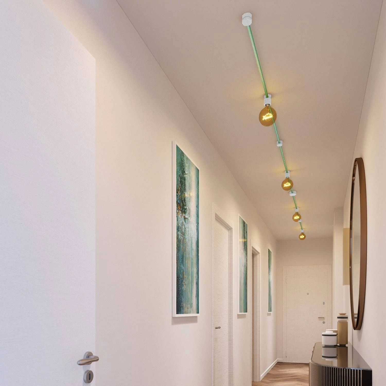 Symmetric-Kit des Filé-Systems - mit 5 m Kabel und 9 Zubehörteilen aus weißem Holz für den Innenbereich