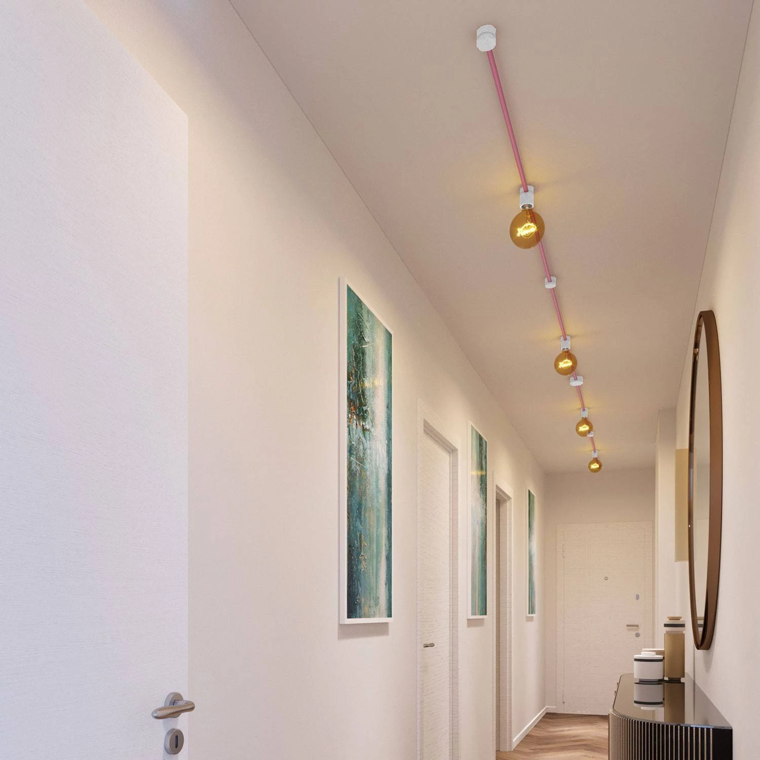 Symmetric-Kit des Filé-Systems - mit 5 m Kabel und 9 Zubehörteilen aus weißem Holz für den Innenbereich