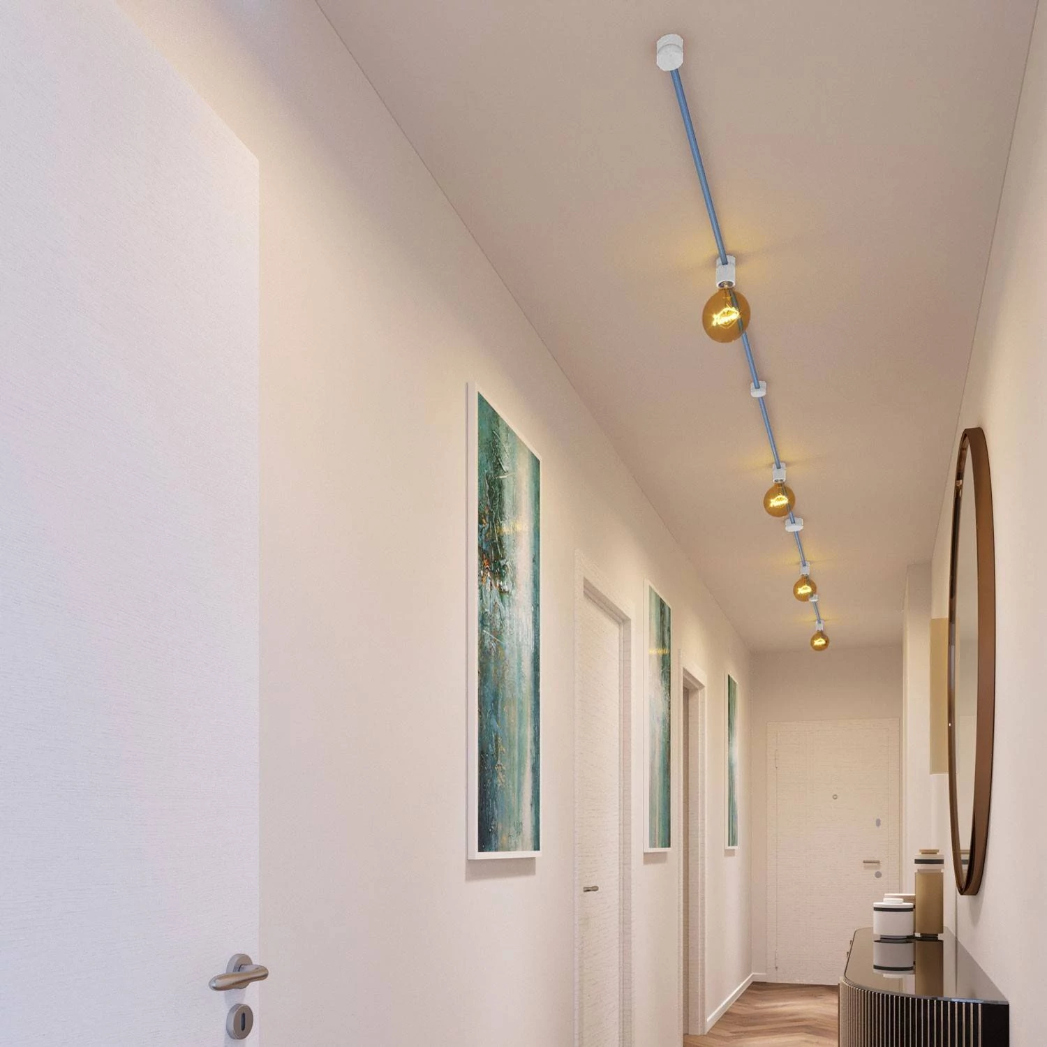 Symmetric-Kit des Filé-Systems - mit 5 m Kabel und 9 Zubehörteilen aus weißem Holz für den Innenbereich