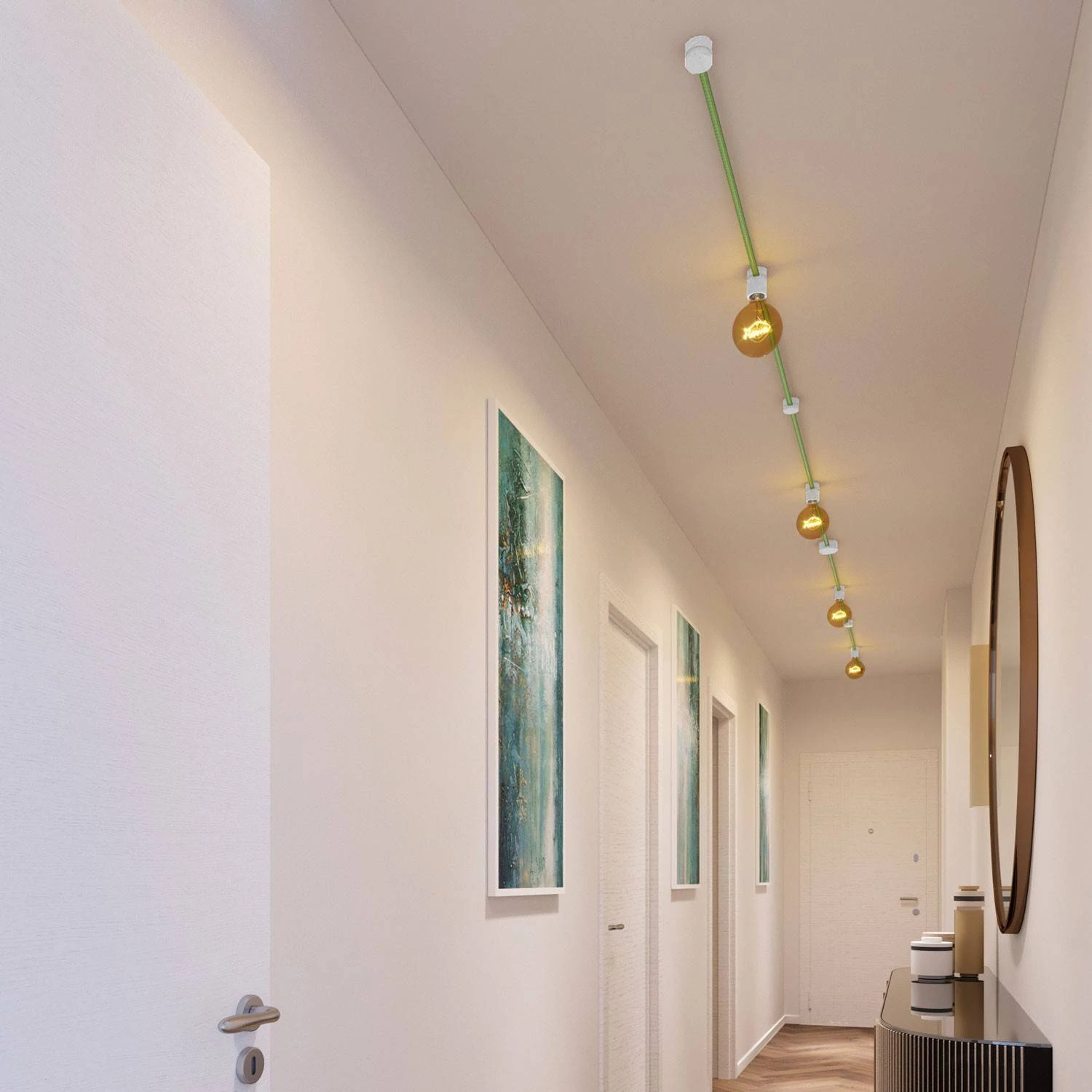 Symmetric-Kit des Filé-Systems - mit 5 m Kabel und 9 Zubehörteilen aus weißem Holz für den Innenbereich