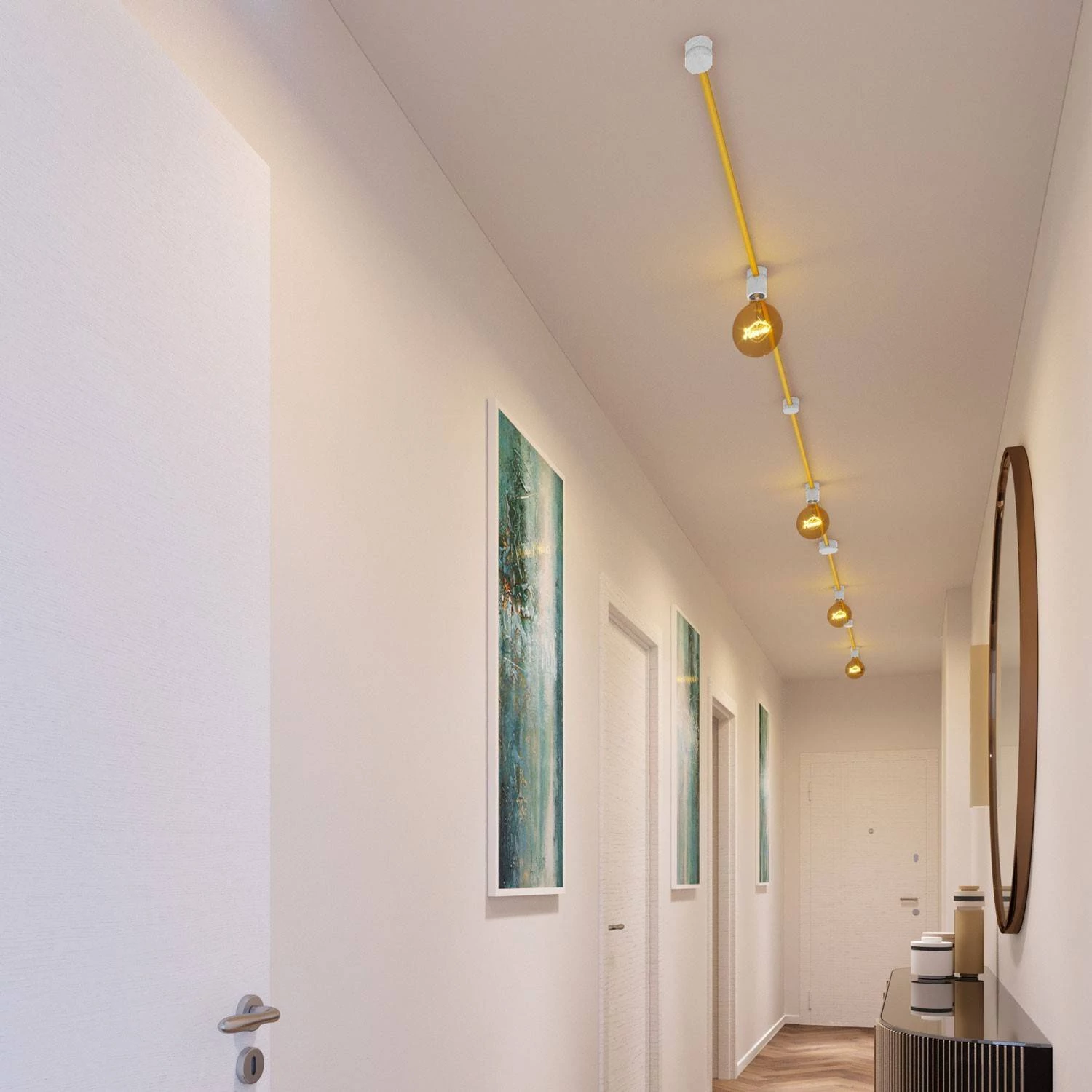 Symmetric-Kit des Filé-Systems - mit 5 m Kabel und 9 Zubehörteilen aus weißem Holz für den Innenbereich