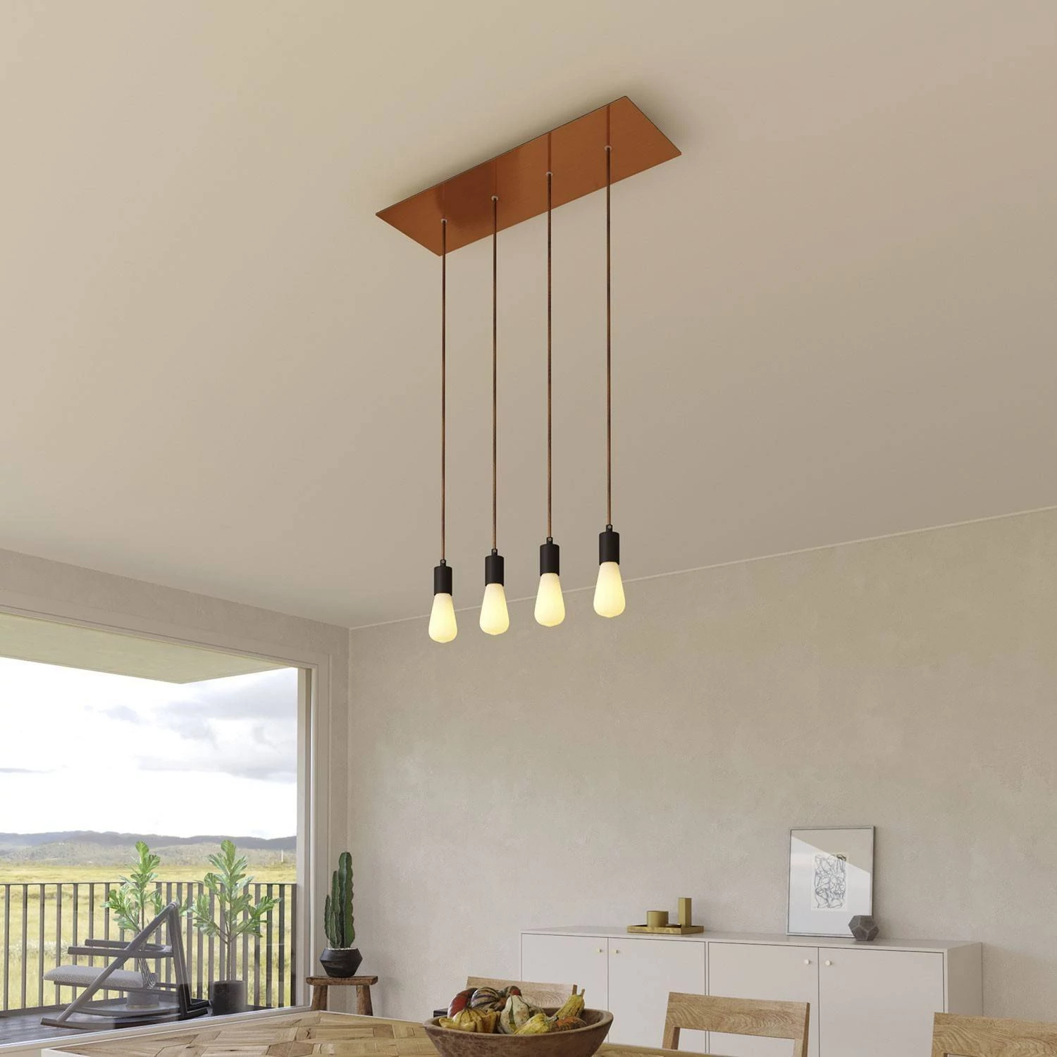 4-flammige Pendelleuchte mit rechteckigem XXL Rose-One 675 mm komplett mit Textilkabel und Beschichtungen aus Metall
