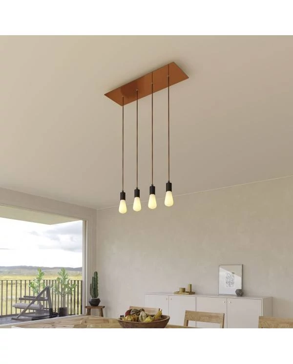 4-flammige Pendelleuchte mit rechteckigem XXL Rose-One 675 mm komplett mit Textilkabel und Beschichtungen aus Metall