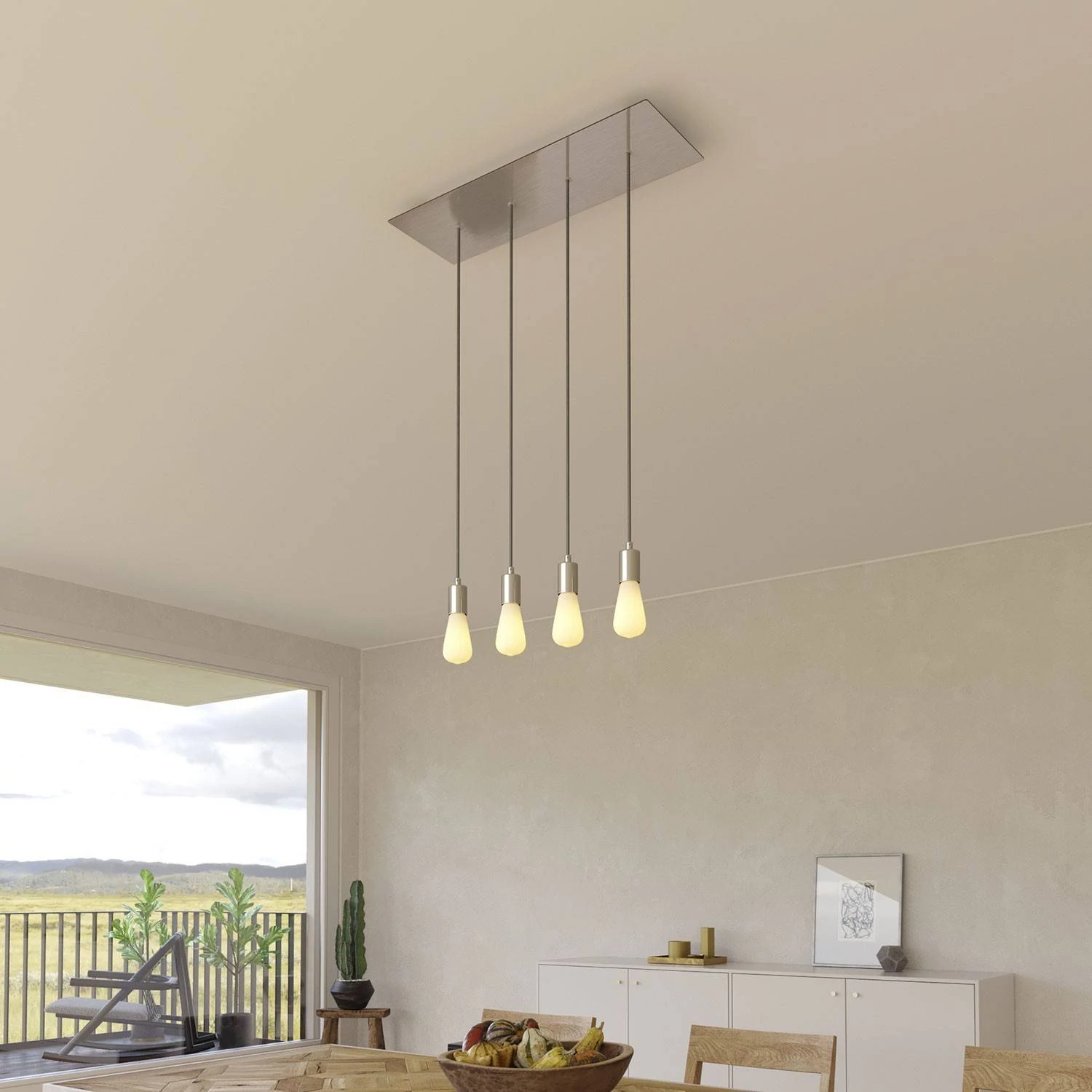 4-flammige Pendelleuchte mit rechteckigem XXL Rose-One 675 mm komplett mit Textilkabel und Beschichtungen aus Metall