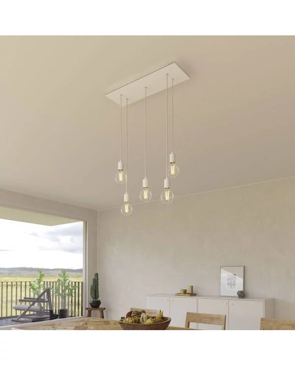 5-flammige Pendelleuchte mit rechteckigem XXL Rose-One 675 mm komplett mit Textilkabel und Beschichtungen aus Metall