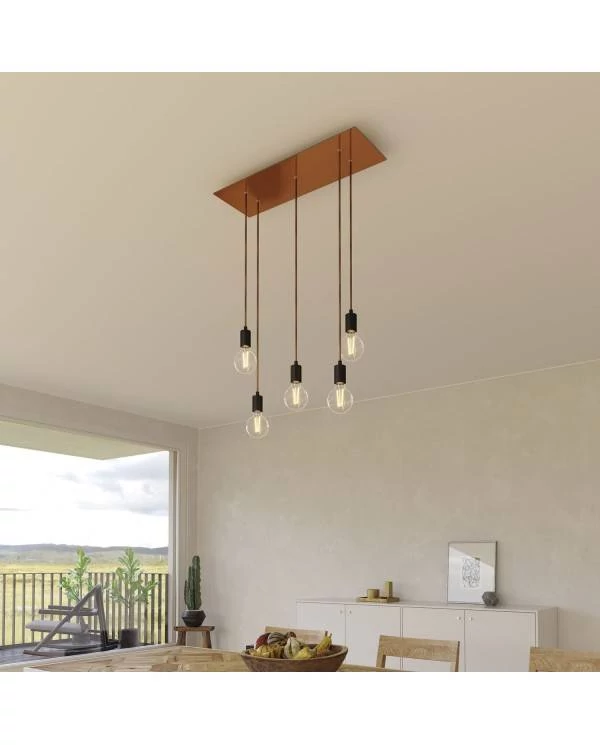 5-flammige Pendelleuchte mit rechteckigem XXL Rose-One 675 mm komplett mit Textilkabel und Beschichtungen aus Metall