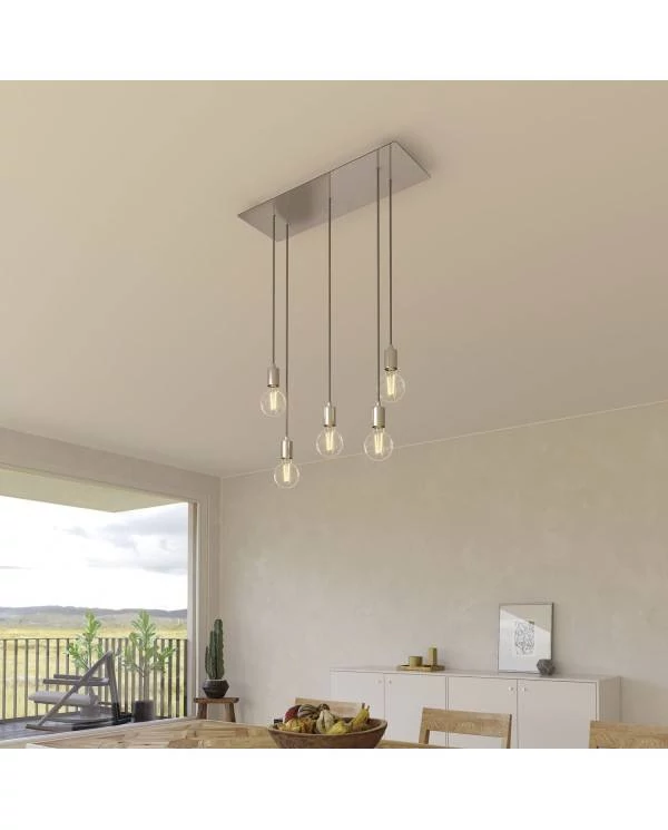 5-flammige Pendelleuchte mit rechteckigem XXL Rose-One 675 mm komplett mit Textilkabel und Beschichtungen aus Metall