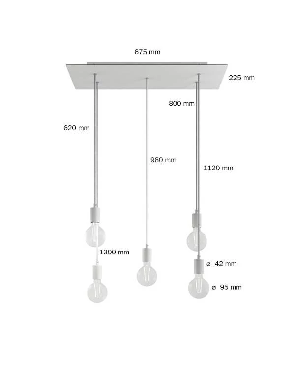 5-flammige Pendelleuchte mit rechteckigem XXL Rose-One 675 mm komplett mit Textilkabel und Beschichtungen aus Metall