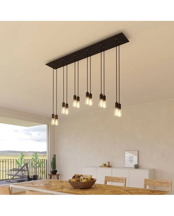 6-flammige Pendelleuchte mit rechteckigem XXL Rose-One 675 mm komplett mit Textilkabel und Beschichtungen aus Metall