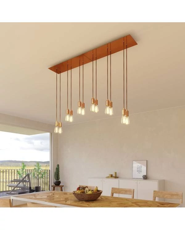 6-flammige Pendelleuchte mit rechteckigem XXL Rose-One 675 mm komplett mit Textilkabel und Beschichtungen aus Metall