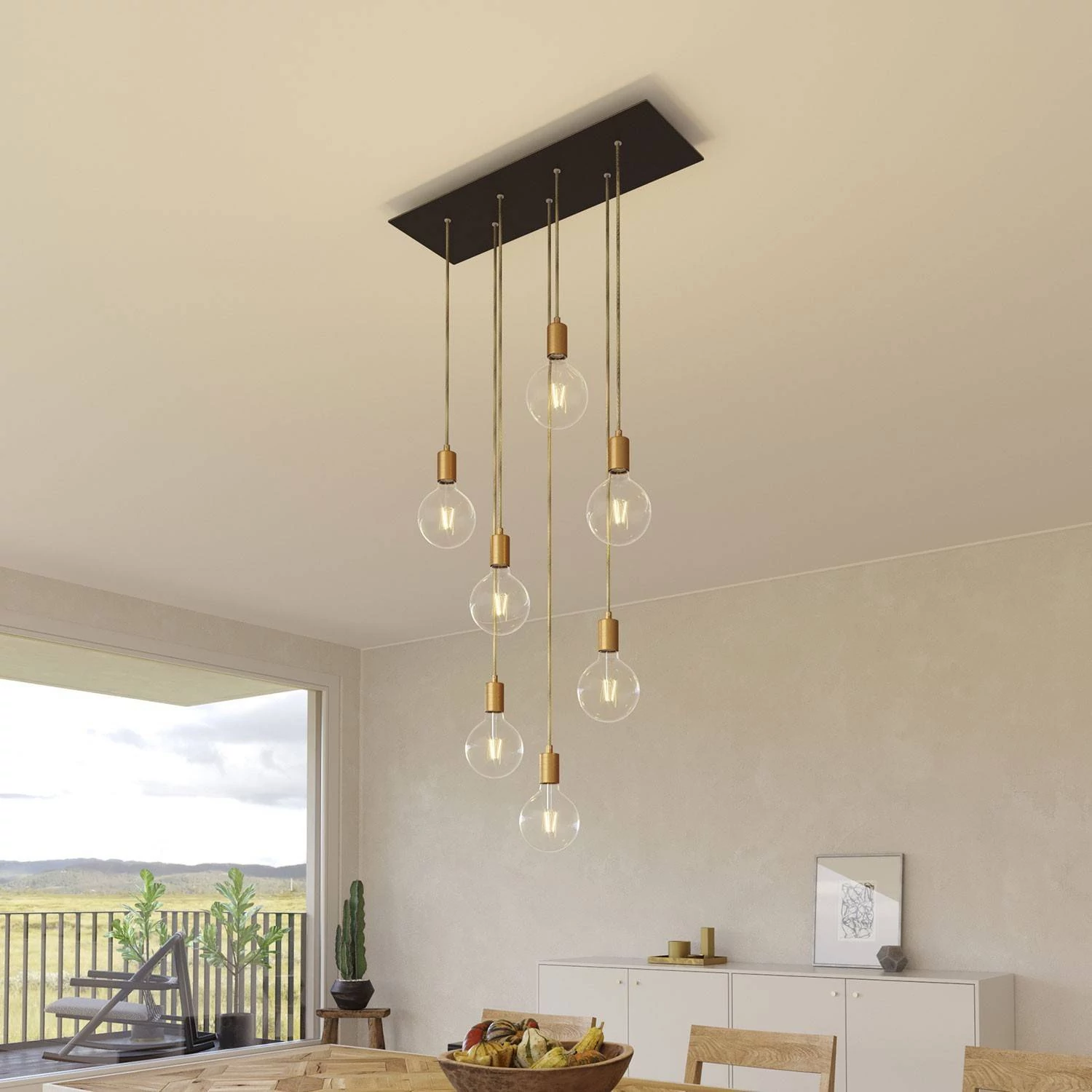 7-flammige Pendelleuchte mit rechteckigem XXL Rose-One 675 mm komplett mit Textilkabel und Beschichtungen aus Metall