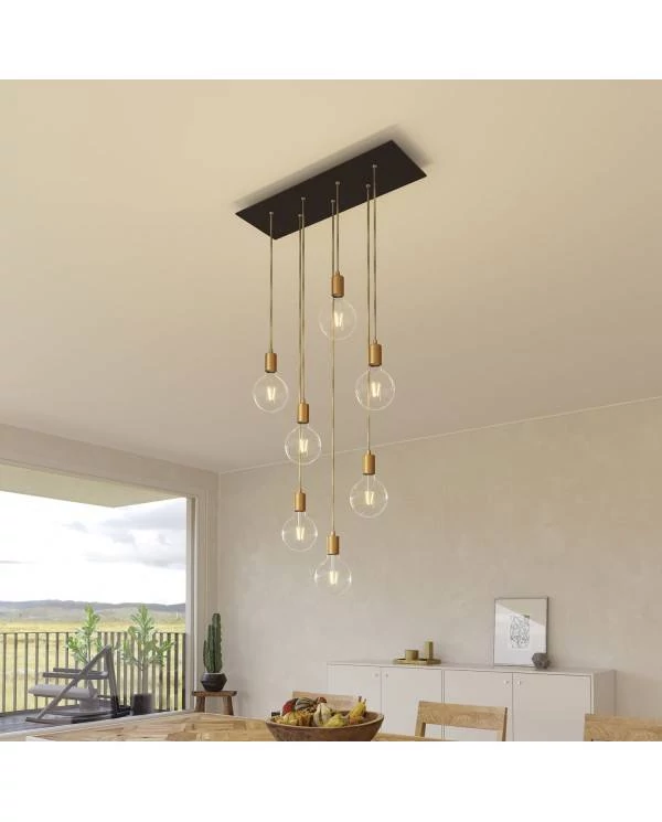 7-flammige Pendelleuchte mit rechteckigem XXL Rose-One 675 mm komplett mit Textilkabel und Beschichtungen aus Metall