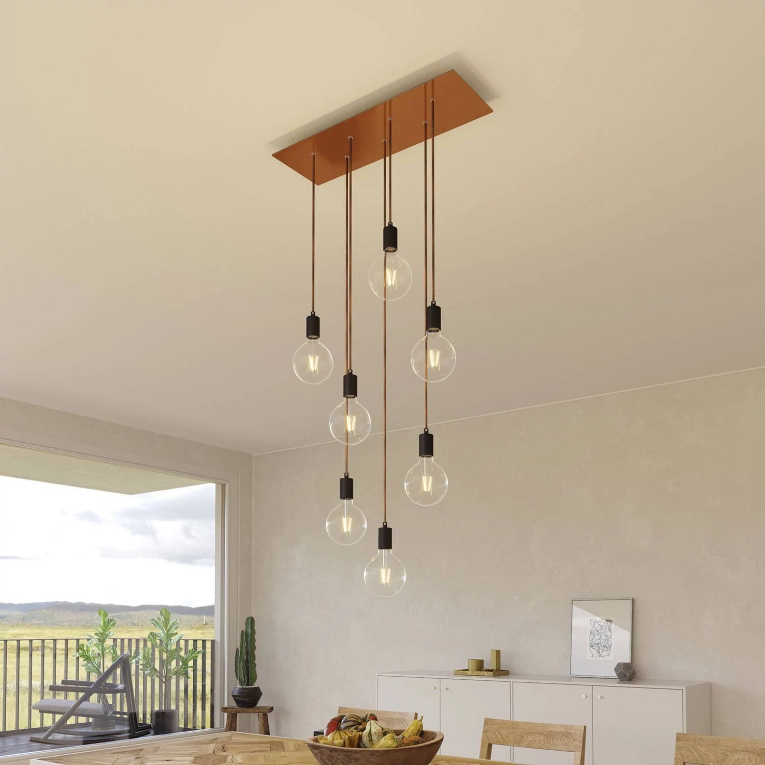 7-flammige Pendelleuchte mit rechteckigem XXL Rose-One 675 mm komplett mit Textilkabel und Beschichtungen aus Metall