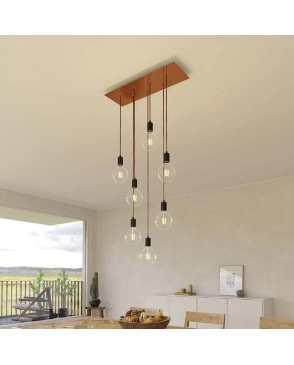 7-flammige Pendelleuchte mit rechteckigem XXL Rose-One 675 mm komplett mit Textilkabel und Beschichtungen aus Metall