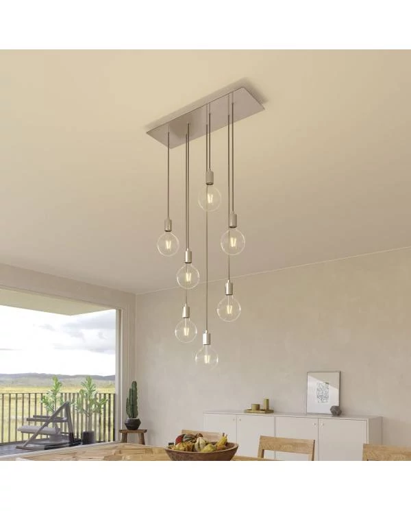 7-flammige Pendelleuchte mit rechteckigem XXL Rose-One 675 mm komplett mit Textilkabel und Beschichtungen aus Metall