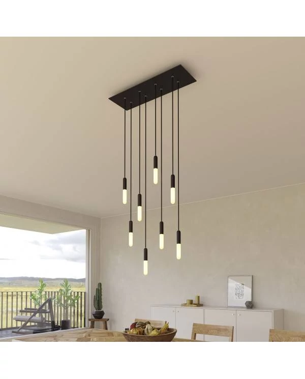 8-flammige Pendelleuchte mit rechteckigem XXL Rose-One 675 mm komplett mit Textilkabel und Beschichtungen aus Metall