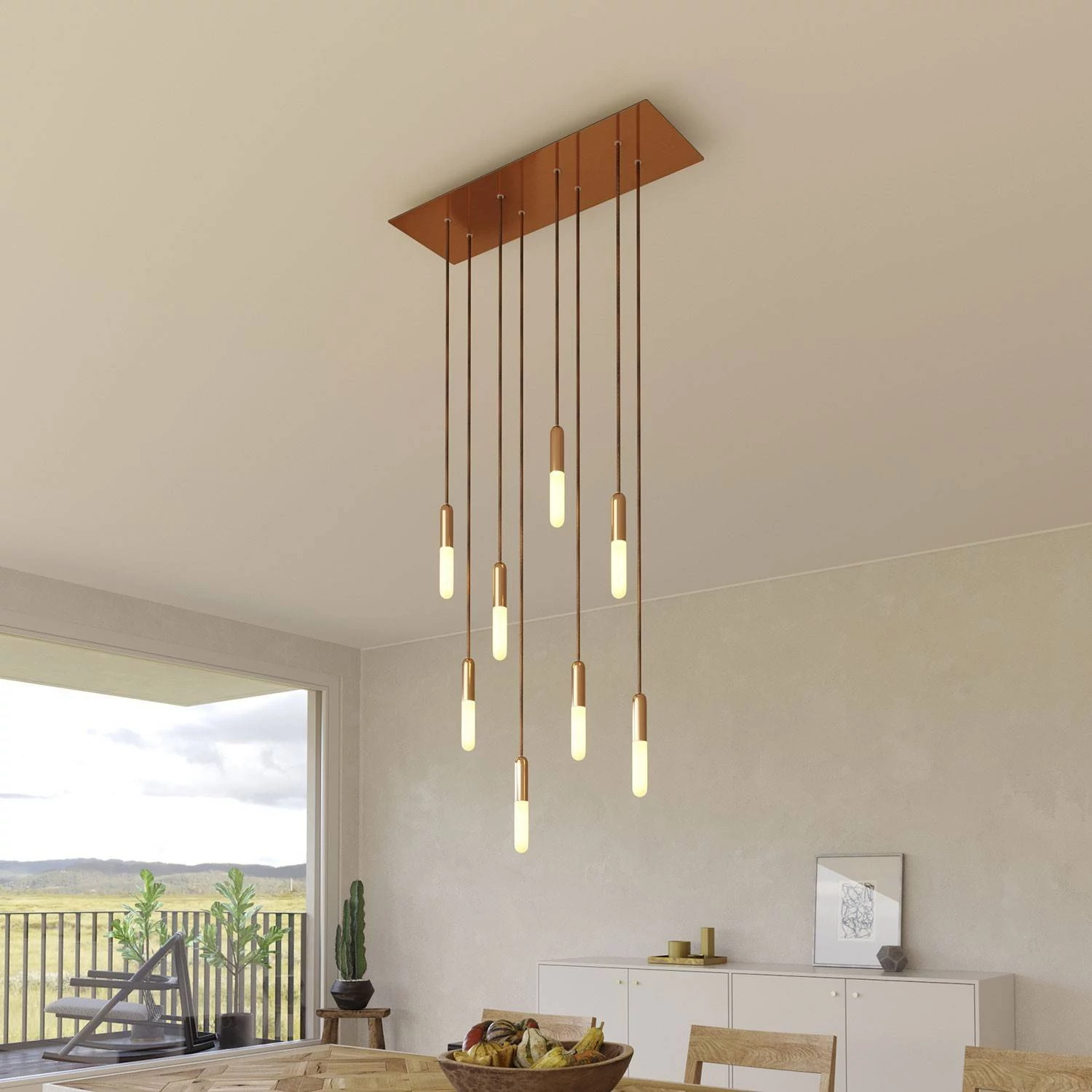 8-flammige Pendelleuchte mit rechteckigem XXL Rose-One 675 mm komplett mit Textilkabel und Beschichtungen aus Metall