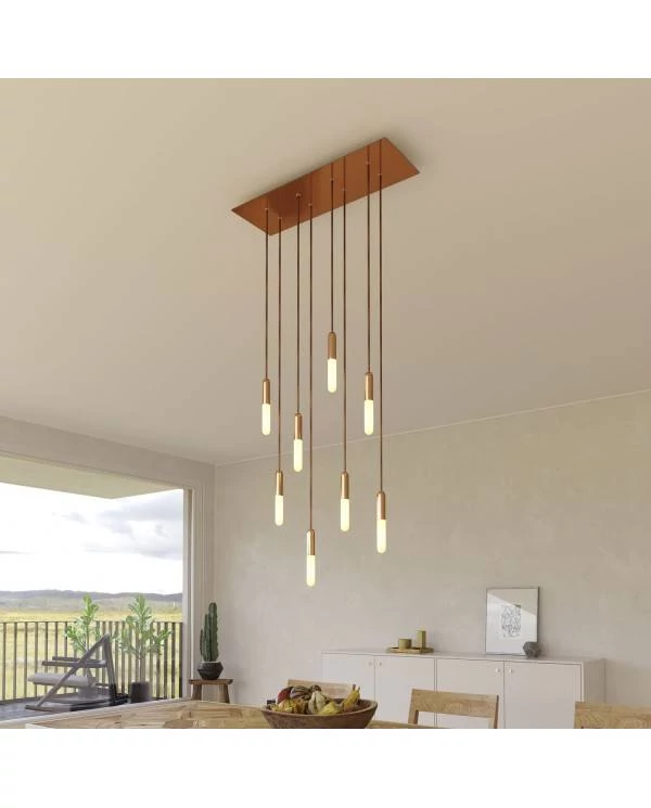 8-flammige Pendelleuchte mit rechteckigem XXL Rose-One 675 mm komplett mit Textilkabel und Beschichtungen aus Metall