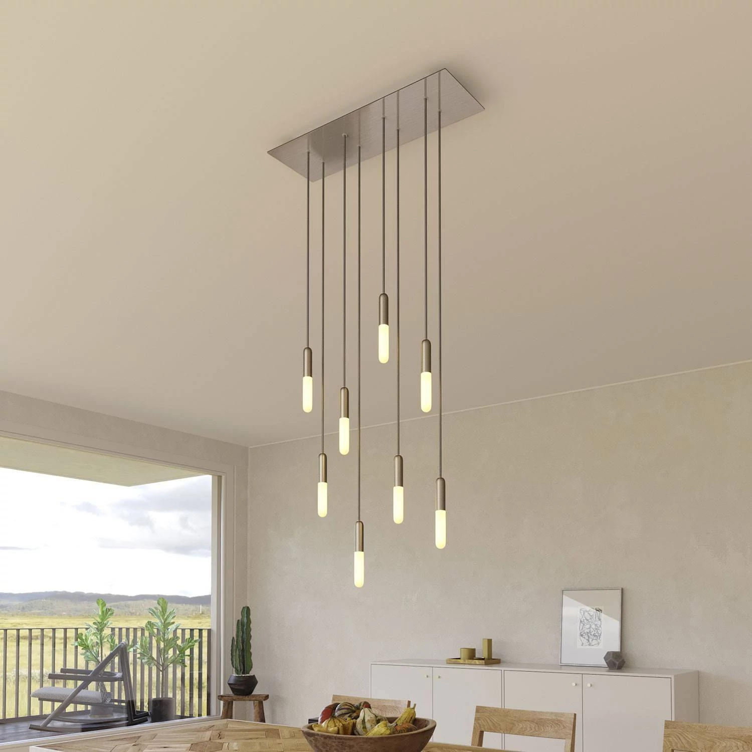 8-flammige Pendelleuchte mit rechteckigem XXL Rose-One 675 mm komplett mit Textilkabel und Beschichtungen aus Metall