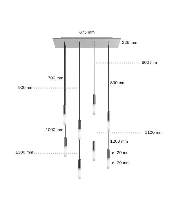 8-flammige Pendelleuchte mit rechteckigem XXL Rose-One 675 mm komplett mit Textilkabel und Beschichtungen aus Metall