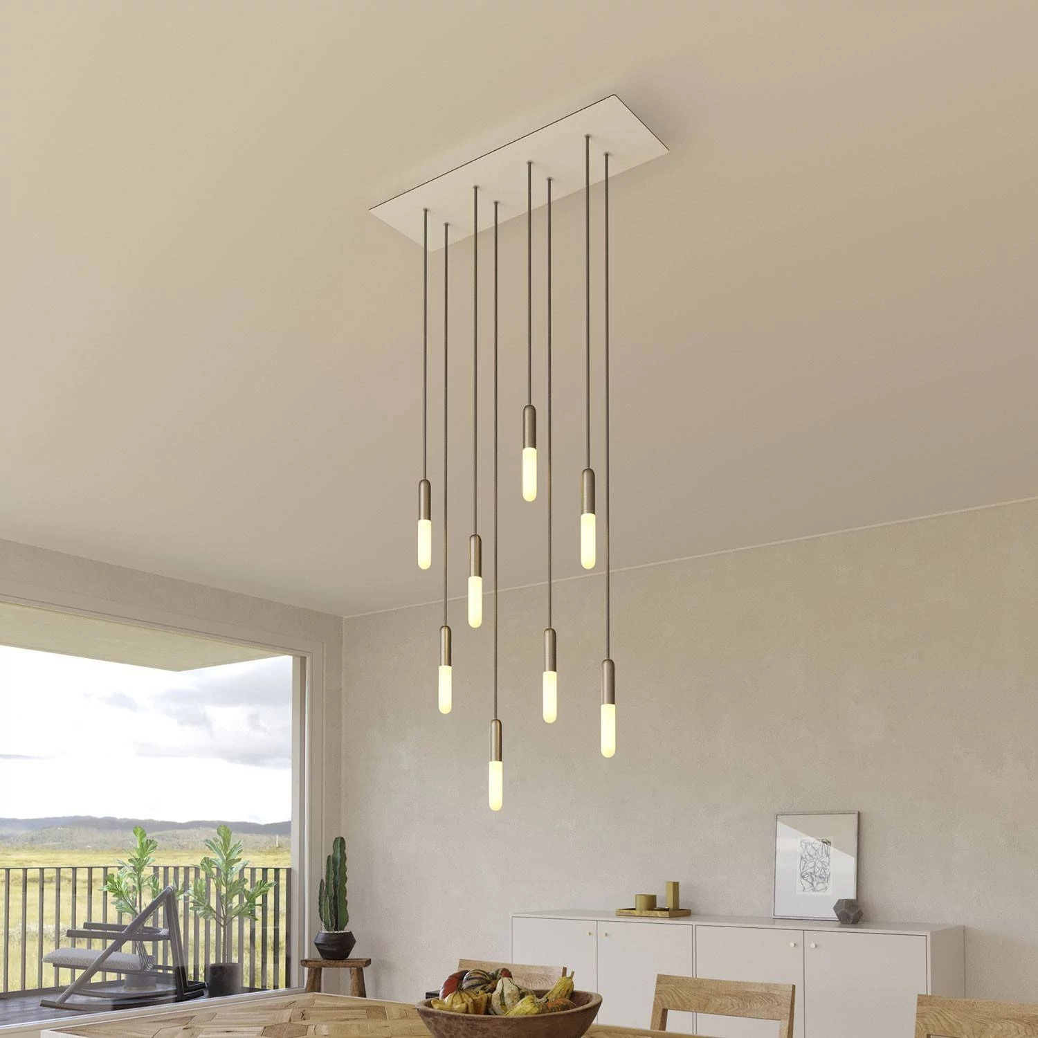 8-flammige Pendelleuchte mit rechteckigem XXL Rose-One 675 mm komplett mit Textilkabel und Beschichtungen aus Metall