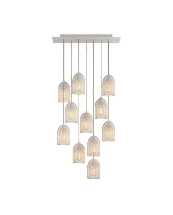 11-flammige Pendelleuchte mit rechteckigem XXL-Rose-One 675 mm komplett mit Textilkabel und Ghostbell Lampenschirm aus Metall