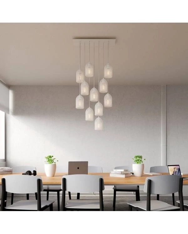11-flammige Pendelleuchte mit rechteckigem XXL-Rose-One 675 mm komplett mit Textilkabel und Ghostbell Lampenschirm aus Metall