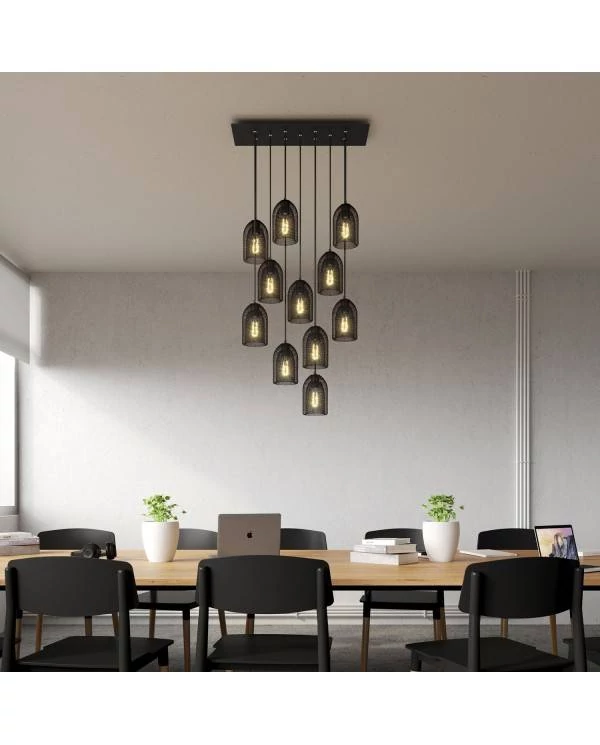 11-flammige Pendelleuchte mit rechteckigem XXL-Rose-One 675 mm komplett mit Textilkabel und Ghostbell Lampenschirm aus Metall