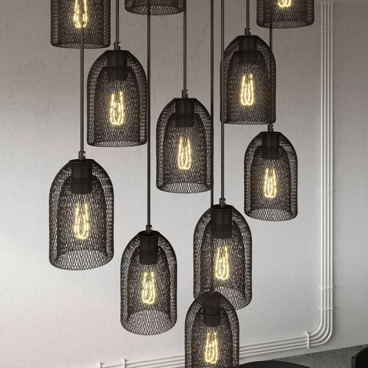 11-flammige Pendelleuchte mit rechteckigem XXL-Rose-One 675 mm komplett mit Textilkabel und Ghostbell Lampenschirm aus Metall