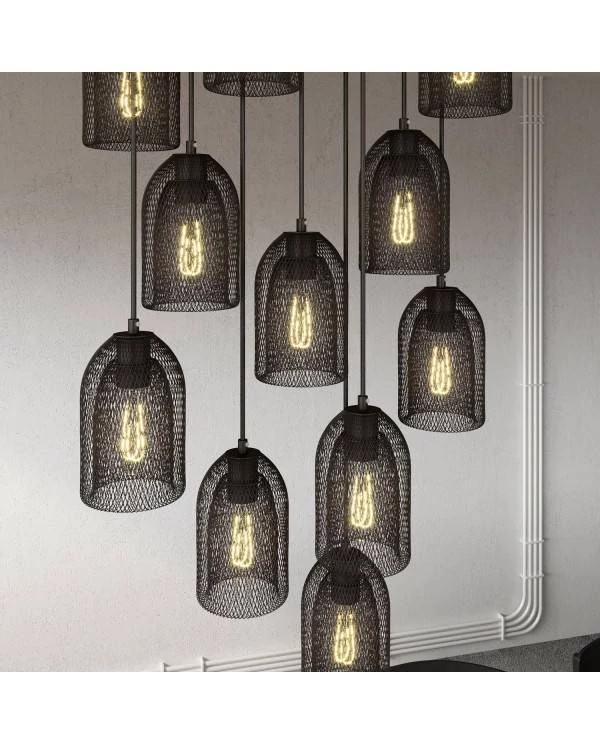 11-flammige Pendelleuchte mit rechteckigem XXL-Rose-One 675 mm komplett mit Textilkabel und Ghostbell Lampenschirm aus Metall