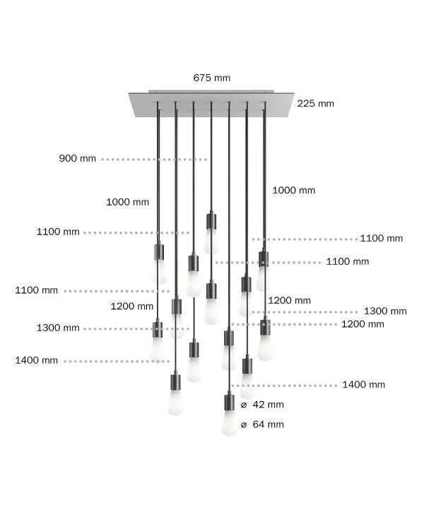 14-flammige Pendelleuchte mit rechteckigem XXL Rose-One 675 mm komplett mit Textilkabel und Beschichtungen aus Metall