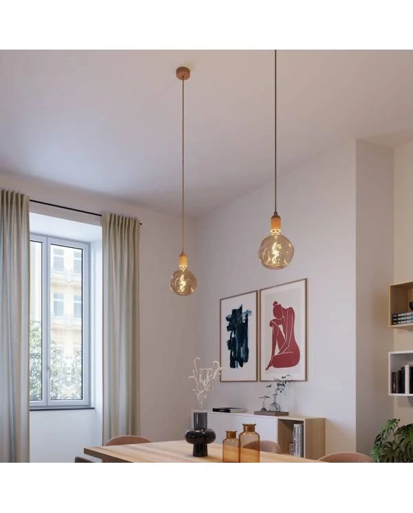 Pendelleuchte Made in Italy, komplett mit Textilkabel und Komponenten aus Holz