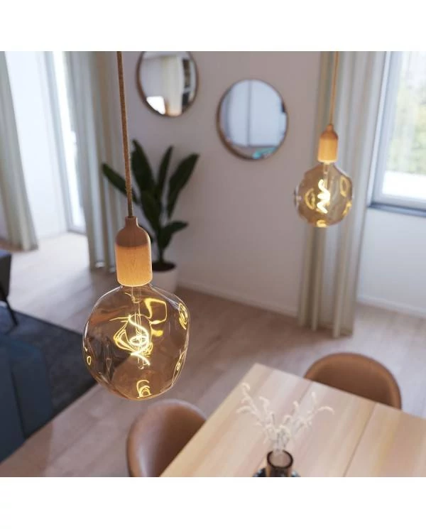 Pendelleuchte Made in Italy, komplett mit Textilkabel und Komponenten aus Holz