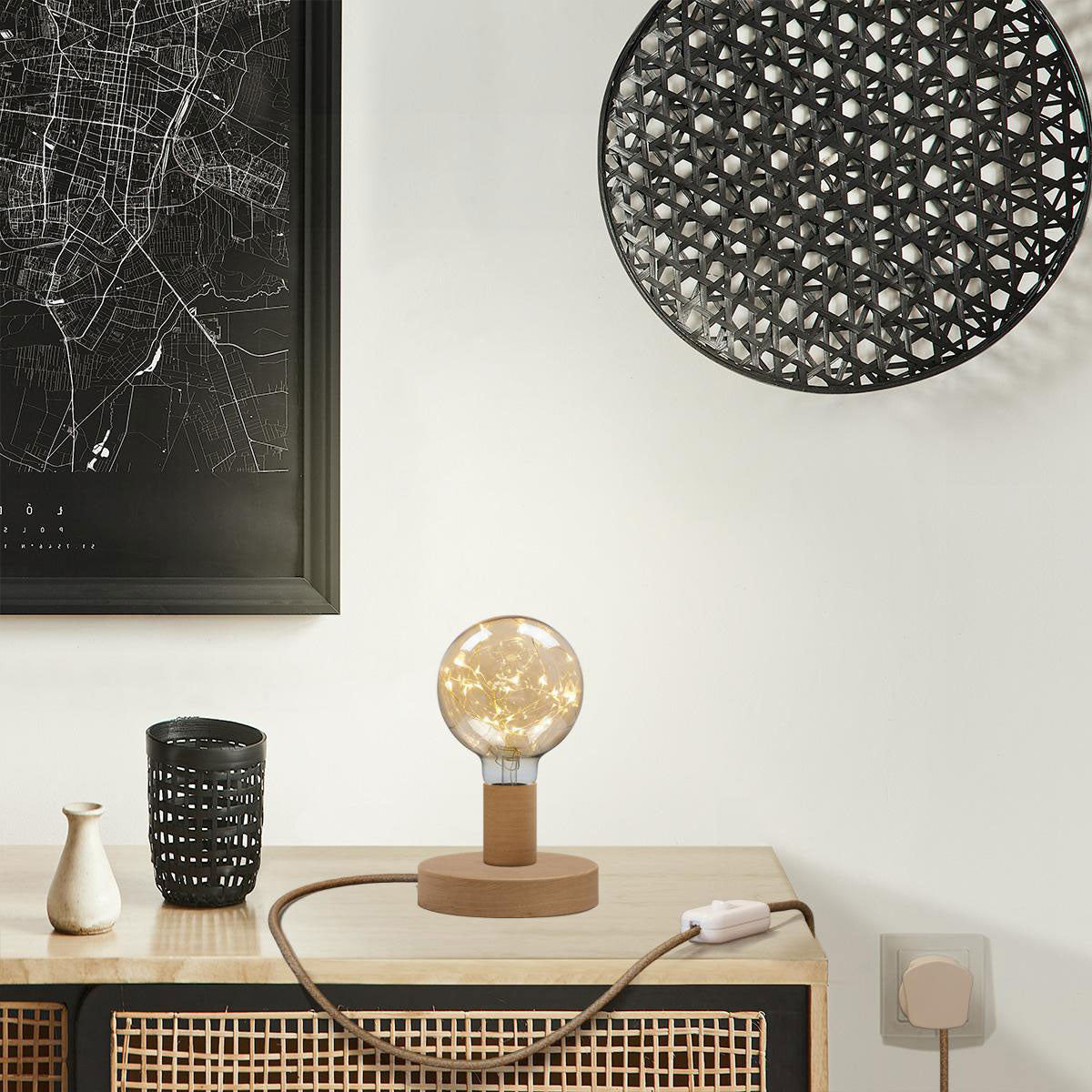 Lampada da tavolo Posaluce Milleluci in legno e spina UK - Neutro Interruttore