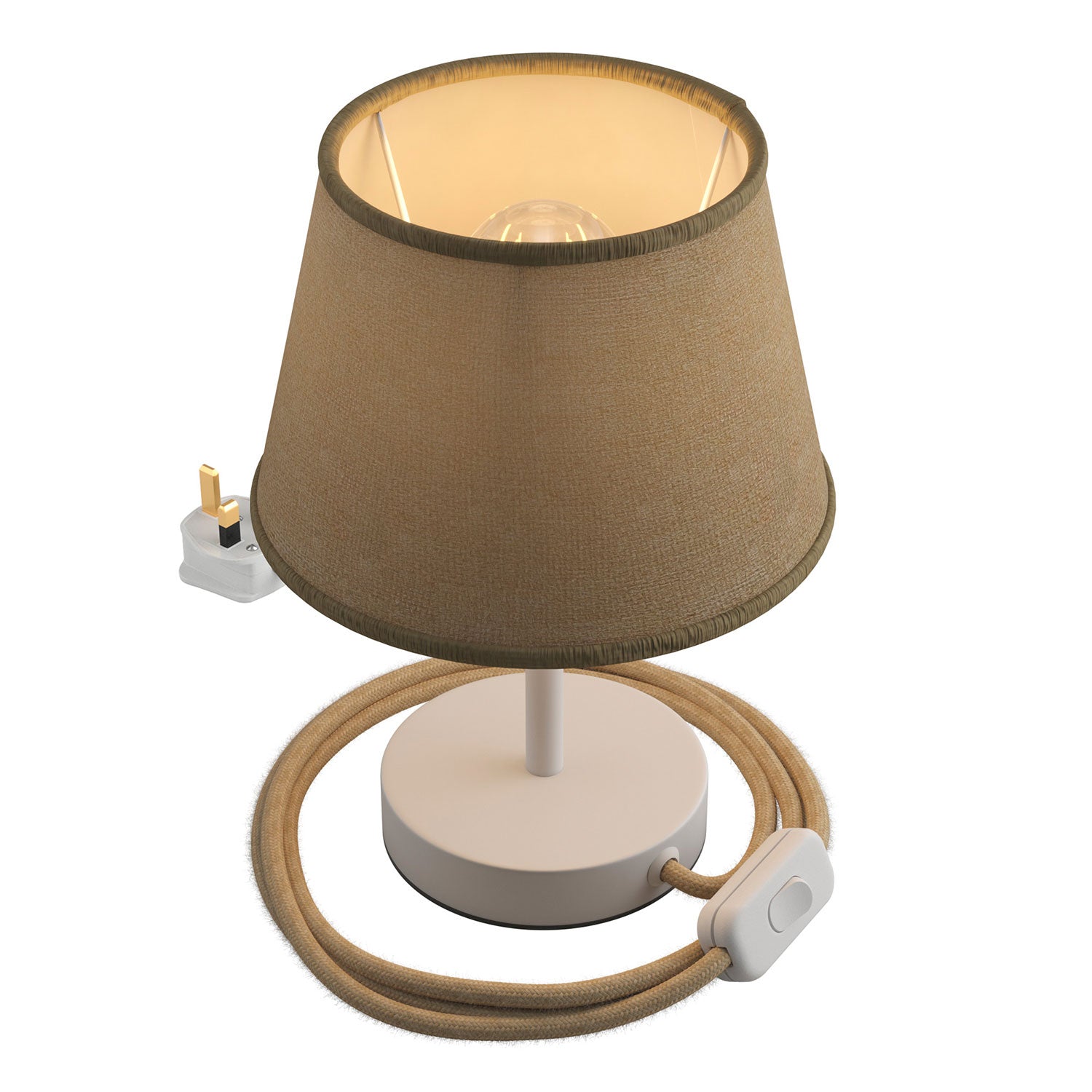 Alzaluce con paralume Impero, lampada da tavolo in metallo e spina UK - Juta naturale 10 cm