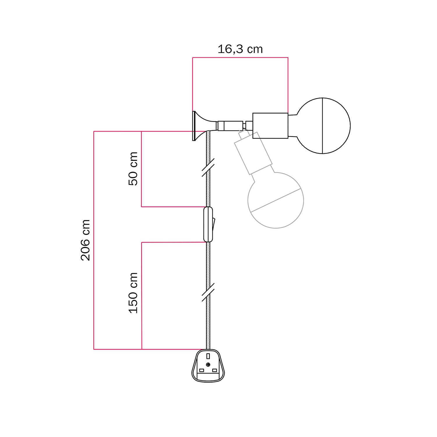 Lampada da parete MAG-Y con snodo, lampadina mezza sfera e spina UK - Bianco opaco