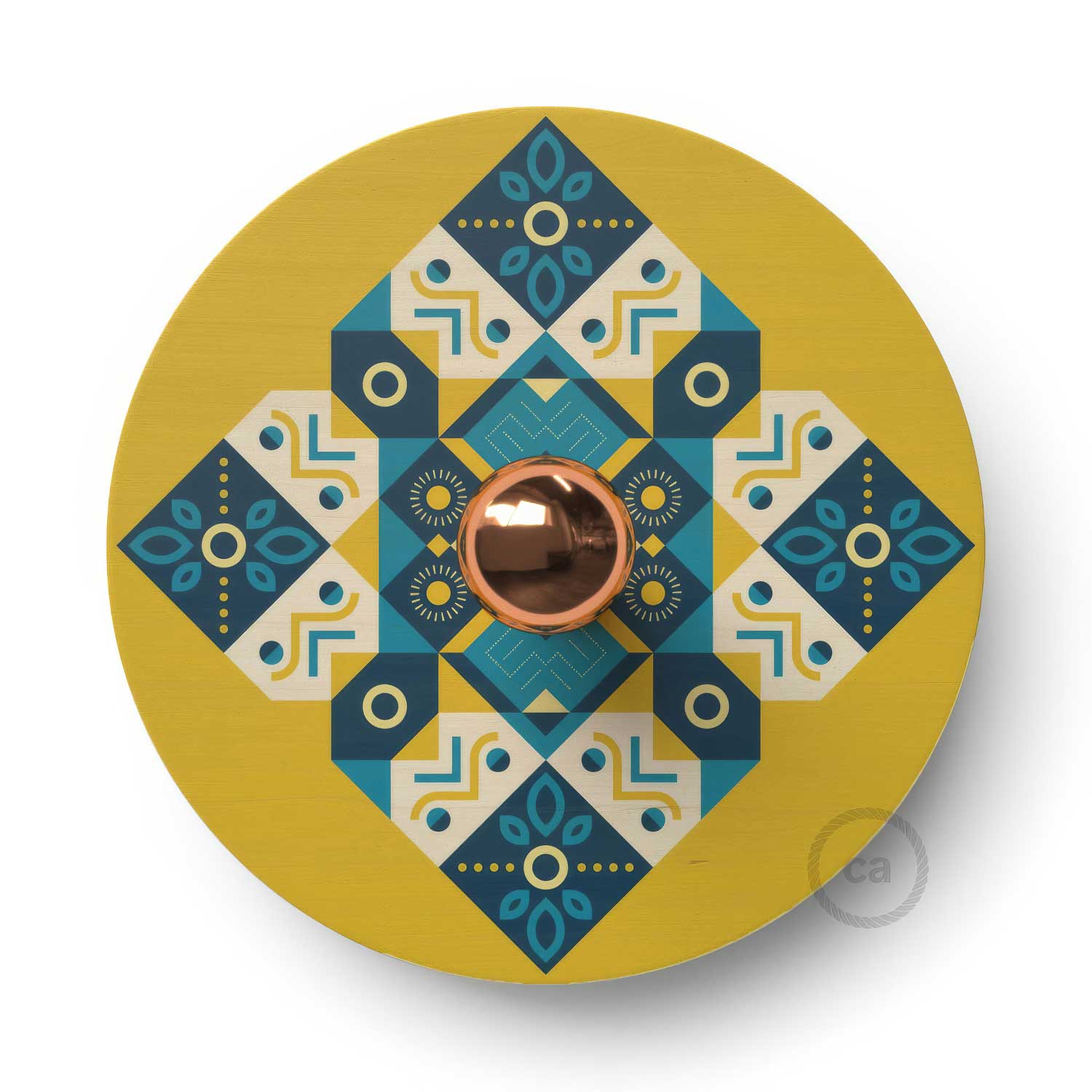 Fermaluce Etnico con paralume UFO in legno double-face illustrato da ODD