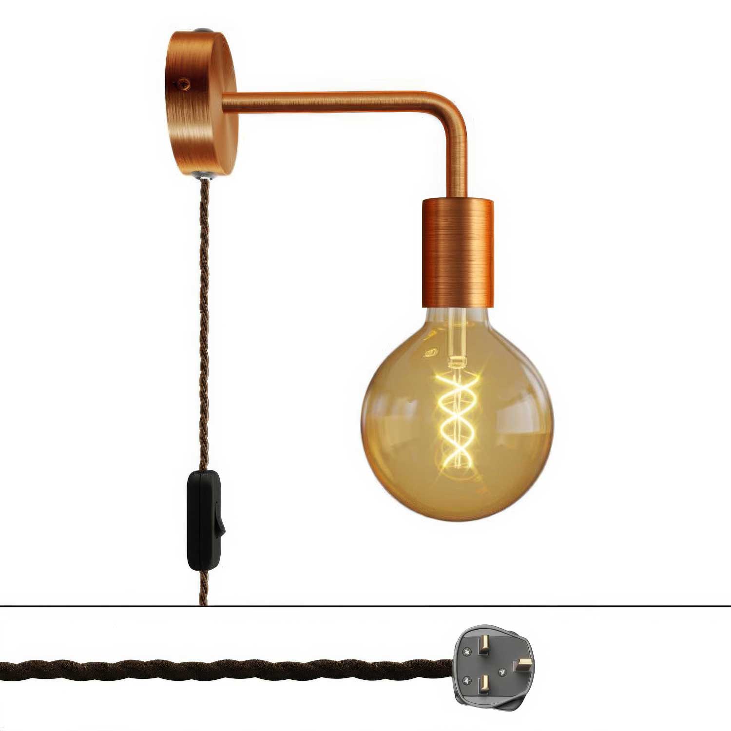 Lampada Spostaluce in metallo con estensione curva e spina UK - Rame satinato