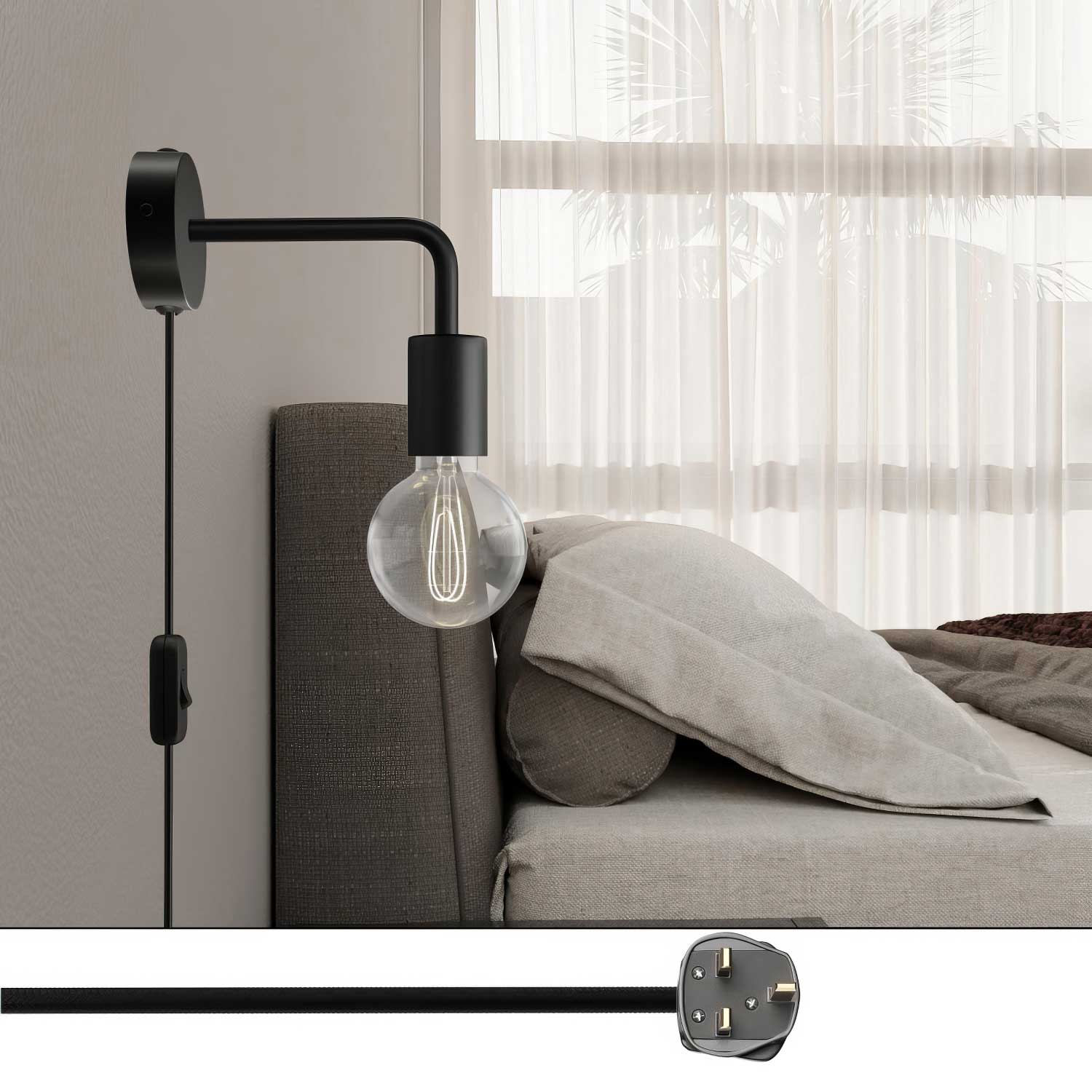 Lampada Spostaluce in metallo con estensione curva e spina UK - Nero