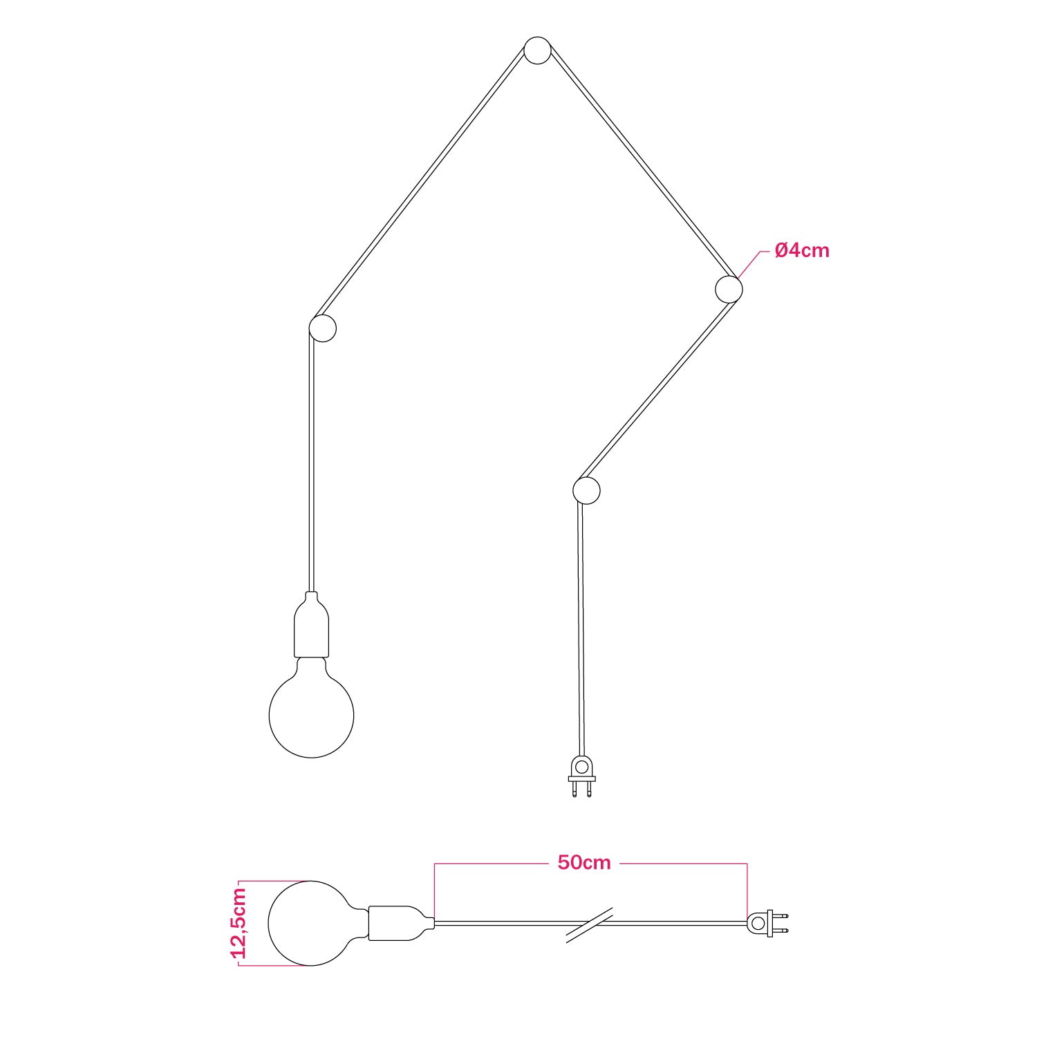 Lampada portatile Snake con portalampada in metallo e spina, completa di 4 passacavo in legno Rolé - Nero