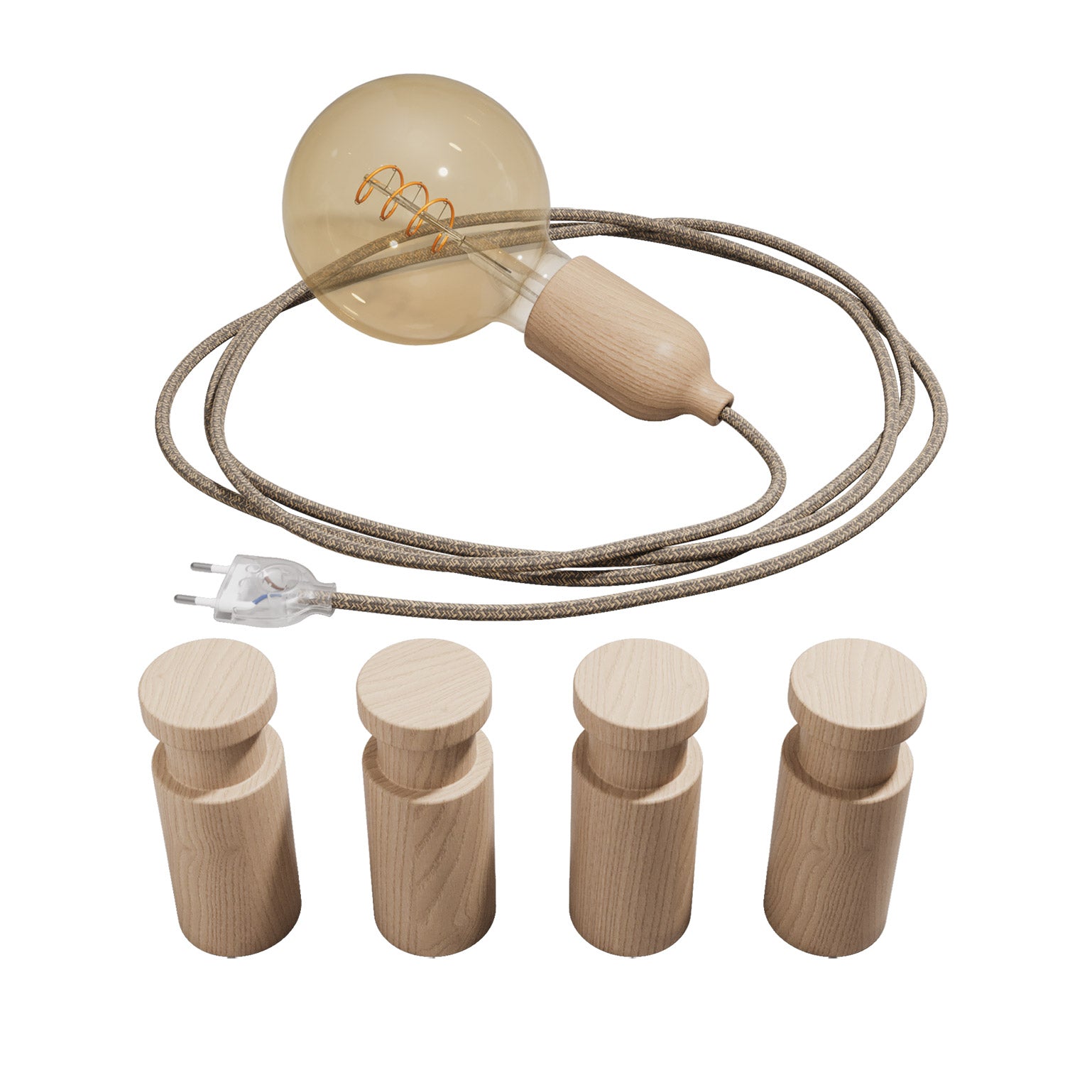 Lampada portatile Snake con portalampada in legno e spina, completa di 4 passacavo in legno Rolé - Neutro