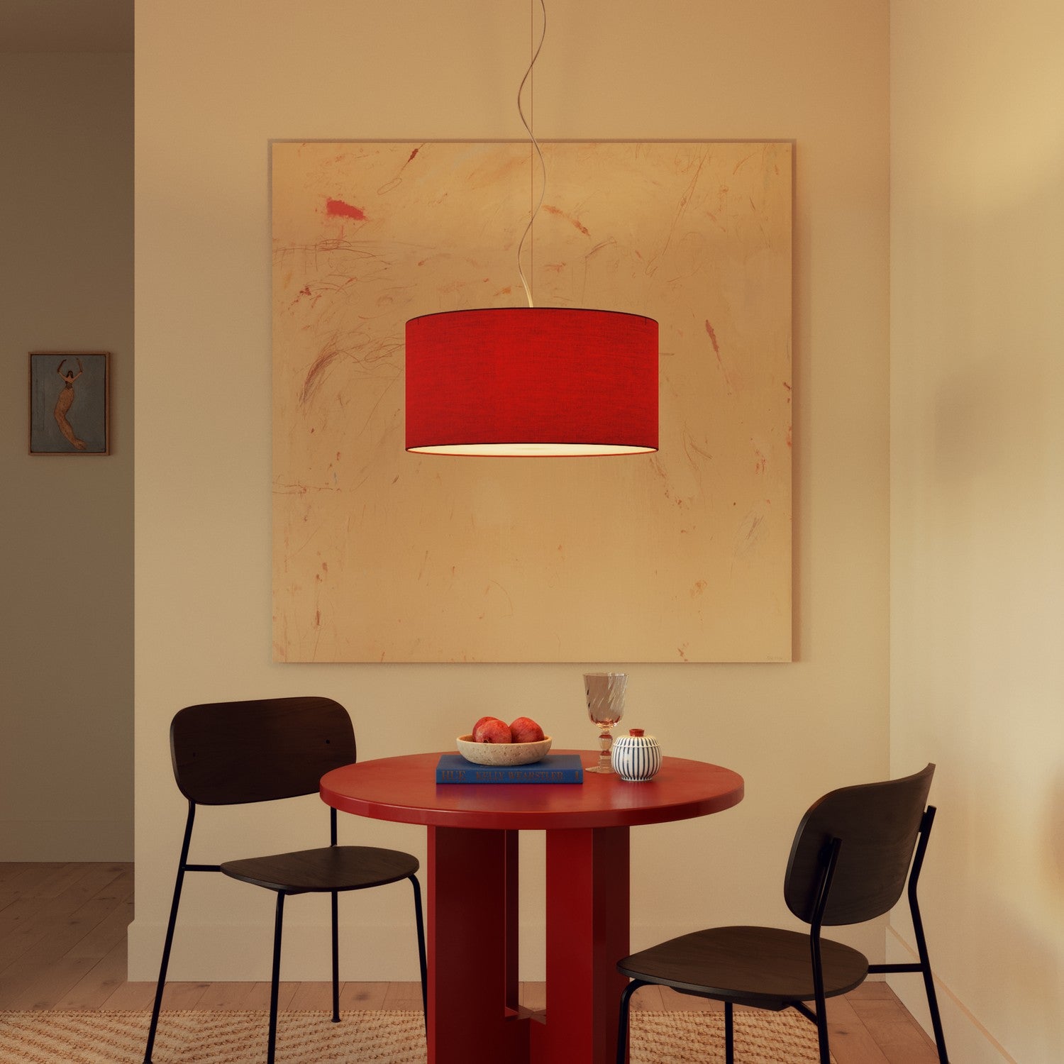 Lampada a sospensione con paralume in tessuto Cilindro Medium Teletta rosso - Made in Italy No