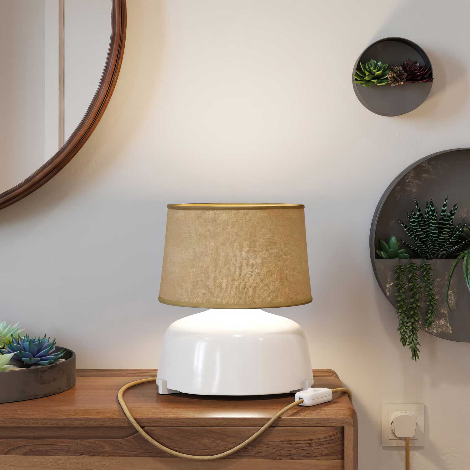 Lampada da tavolo in ceramica Coppa con paralume Athena e spina UK - Juta naturale