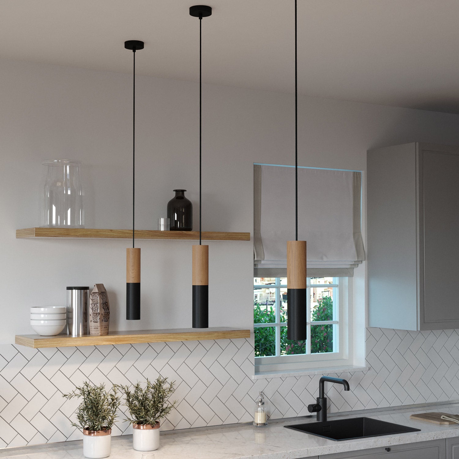 Lampada a sospensione Made in Italy completa di cavo tessile e doppio paralume Tub-E14 in legno e metallo - Nero