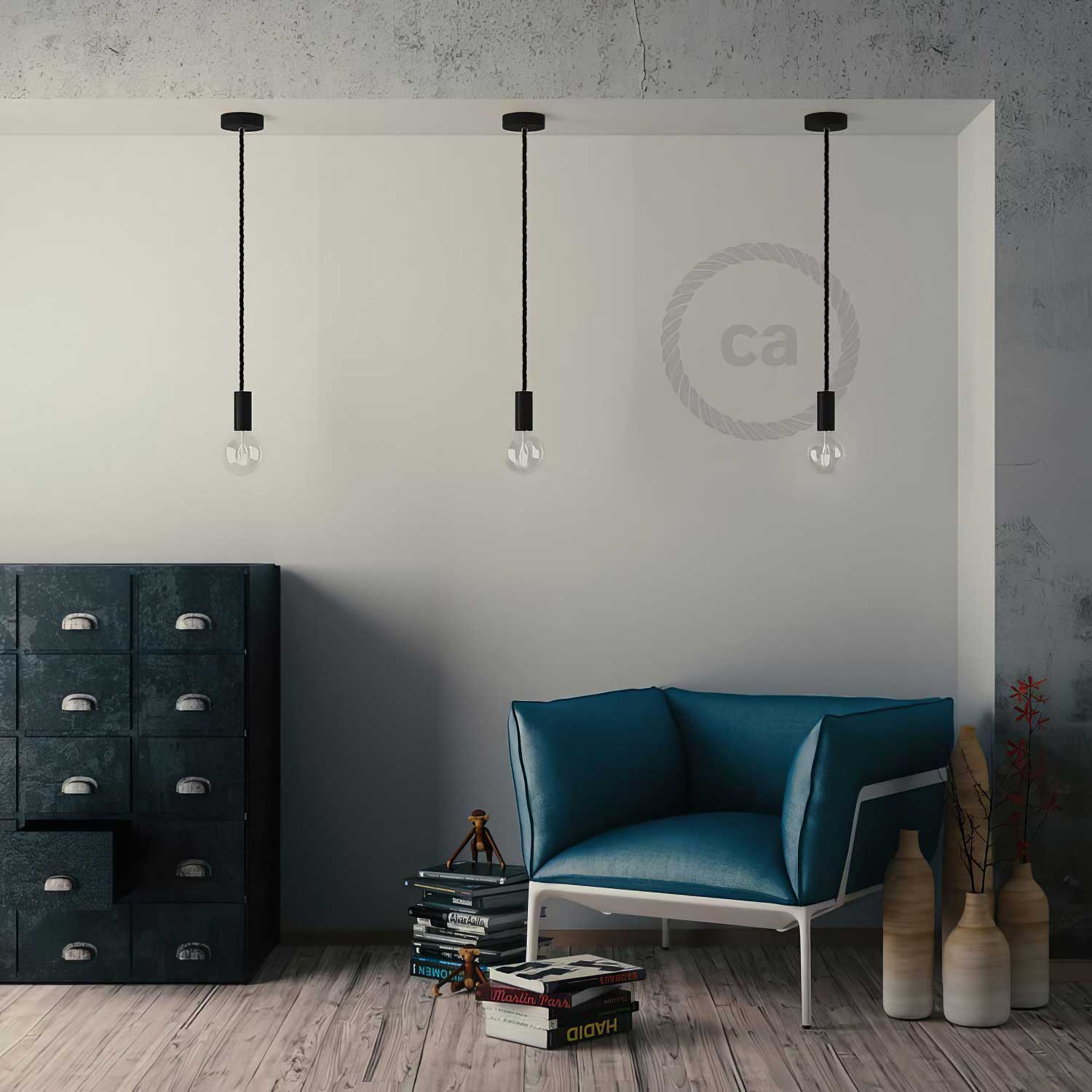 Lampada a sospensione completa di cordone nautico XL 16 mm con finiture in legno verniciato - Nero