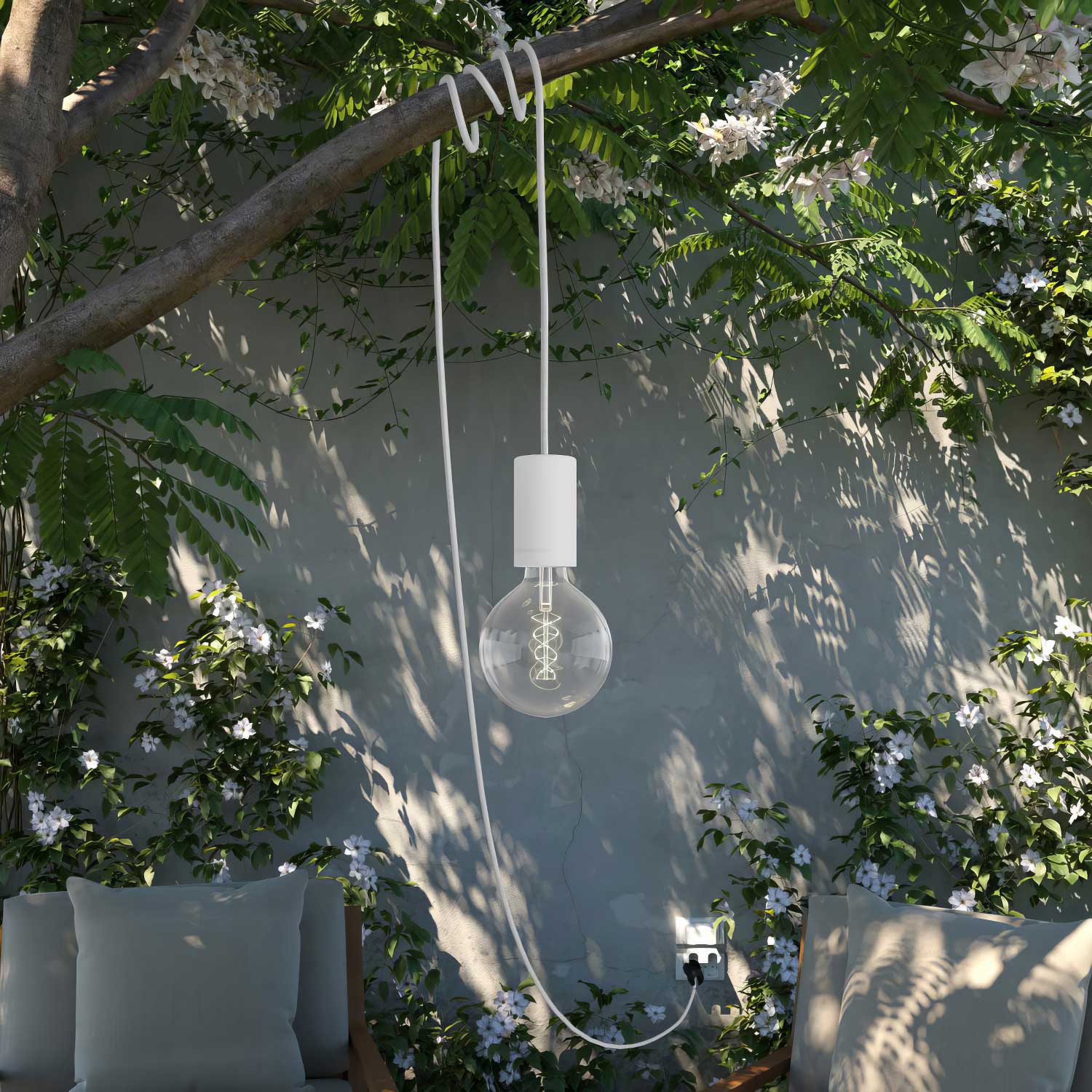 Snake Modulair Elegant, lampada portatile per esterni, 5 m cavo tessile, portalampada IP65 e spina UK - Bianco