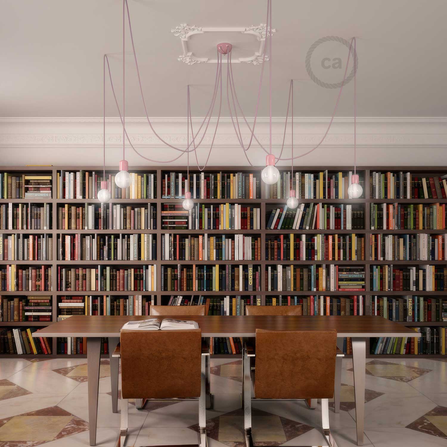 Lampada a sospensione multipla a 6 cadute con finiture in ceramica colorata - Lilla